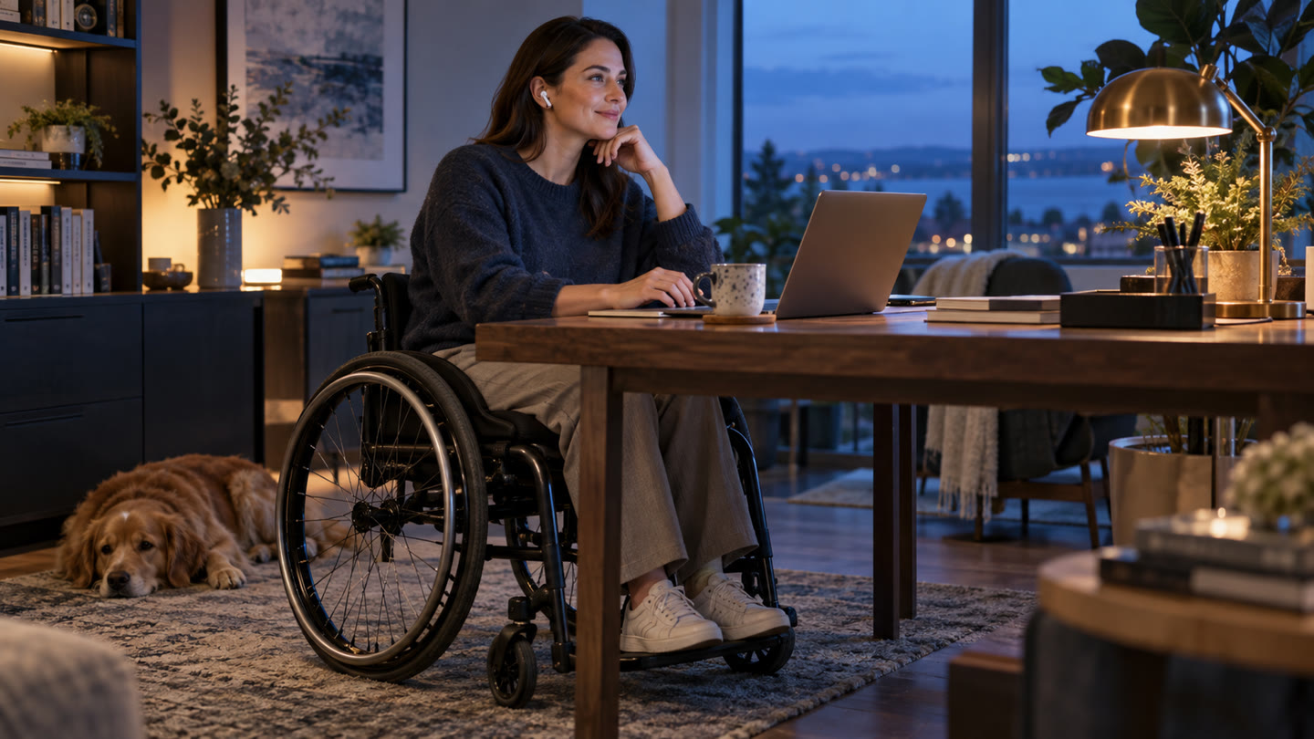 Illustrative scene of a woman wearing earbuds while using her home-office computer from a wheelchair
